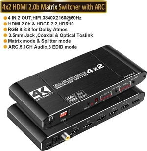 HDMI Matrix 4x2, 4K HDMI Matrix Switch, 1080P 3D, Dolby TrueHD, DTS-HD Master, PCM7.1, Coaxial, 3.5mm Stereo Audio, EDID, IR Remote HDMI Matrix 4x2, 4K HDMI Matrix Switch, 1080P 3D, Dolby TrueHD, DTS-HD Master, PCM7.1, Coaxial, 3.5mm Stereo Audio, EDID, IR Remote