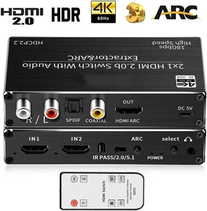 4K@ 60Hz HDMI Audio Extractor Splitter, 2x1 HDMI to HDMI + Optical Toslink SPDIF + 3.5mm Audio Jack + Coaxial + R/L Audio Support ARC and eARC Function, OZV2 4K@ 60Hz HDMI Audio Extractor Splitter, 2x1 HDMI to HDMI + Optical Toslink SPDIF + 3.5mm Audio Jack + Coaxial + R/L Audio Support ARC and eARC Function, OZV2