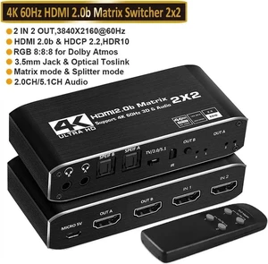2 in 2 Out 4K@60Hz HDMI 2.0 Matrix Switch with Downscaler & Dual Audio Extractor, 2X2 HDMI Matrix Support HDR10, HDR10+, RGB 4:4:4 HDCP2.2, 2×SPDIF Optical + 2×3.5mm L/R Audio, Dolby Atmos, IR Remote 2 in 2 Out 4K@60Hz HDMI 2.0 Matrix Switch with Downscaler & Dual Audio Extractor, 2X2 HDMI Matrix Support HDR10, HDR10+, RGB 4:4:4 HDCP2.2, 2×SPDIF Optical + 2×3.5mm L/R Audio, Dolby Atmos, IR Remote