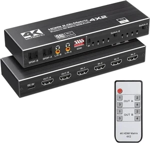 4X2 HDMI 2.0 Matrix Switch with IR Remote, Model OZJ1-1, 4 In 2 Out 4K@60Hz Matrix Switcher with Audio Extractor, Dual SPDIF + Dual 3.5mm L/R Audio, Support EDID, HDCP2.2, HDR10 for 4K TV, Monitor, Ga 4X2 HDMI 2.0 Matrix Switch with IR Remote, Model OZJ1-1, 4 In 2 Out 4K@60Hz Matrix Switcher with Audio Extractor, Dual SPDIF + Dual 3.5mm L/R Audio, Support EDID, HDCP2.2, HDR10 for 4K TV, Monitor, Ga