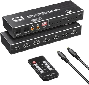 4x2 HDMI 2.0b Matrix Switch 4K@60Hz 18.5Gbps, 4-In-2-Out Video Splitter with Optical L/R Audio, IR Remote, HDCP 2.2 & 3D Support 4x2 HDMI 2.0b Matrix Switch 4K@60Hz 18.5Gbps, 4-In-2-Out Video Splitter with Optical L/R Audio, IR Remote, HDCP 2.2 & 3D Support