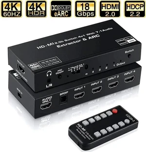 4 in 1 Out HDMI 2.0 Switch with Audio Extractor & ARC, 4K@60Hz HDMI Switcher Support Toslink SPDIF + 3.5mm AUX Output, HDCP2.2 Auto Switch IR Remote for 4K TV Home Theater 4 in 1 Out HDMI 2.0 Switch with Audio Extractor & ARC, 4K@60Hz HDMI Switcher Support Toslink SPDIF + 3.5mm AUX Output, HDCP2.2 Auto Switch IR Remote for 4K TV Home Theater