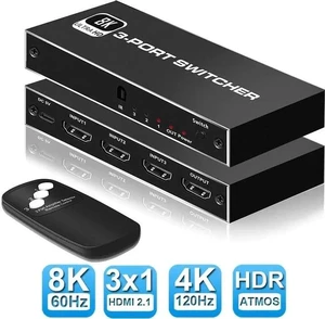 3 in 1 Out HDMI 2.1 8K Switch with IR Remote Control, 3-Port 48Gbps HDMI Switcher Box Supports 8K@60Hz, 4K@120Hz, 4K@30Hz & 3D, Compatible with Nintendo Switch, PS4/PS5, Xbox 360/Xbox One, Fire TV Sti 3 in 1 Out HDMI 2.1 8K Switch with IR Remote Control, 3-Port 48Gbps HDMI Switcher Box Supports 8K@60Hz, 4K@120Hz, 4K@30Hz & 3D, Compatible with Nintendo Switch, PS4/PS5, Xbox 360/Xbox One, Fire TV Sti