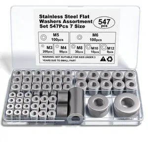 Stainless Steel Flat Washers Assortment, 18-8 (304) Stainless Steel, 547-Piece Set (Assorted Metric Sizes M3-M12, 3mm, 4mm, 5mm, 6mm, 8mm, 10mm, 12mm) with Plastic Storage Case Stainless Steel Flat Washers Assortment, 18-8 (304) Stainless Steel, 547-Piece Set (Assorted Metric Sizes M3-M12, 3mm, 4mm, 5mm, 6mm, 8mm, 10mm, 12mm) with Plastic Storage Case