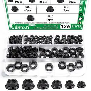136PCS 6 Metric Sizes Black Carbon Steel Hex Flange Nuts Assortment Kit -M3, M4, M5, M6, M8, M10 136PCS 6 Metric Sizes Black Carbon Steel Hex Flange Nuts Assortment Kit -M3, M4, M5, M6, M8, M10