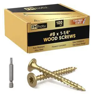 #8 x 1-1/4 Deck Screws, 100Pcs Star Drive Wood Screws | Rust Resistant Timber Screws for Timber/Log/Landscaping Wood, T20 Star Bit Included, Gold #8 x 1-1/4 Deck Screws, 100Pcs Star Drive Wood Screws | Rust Resistant Timber Screws for Timber/Log/Landscaping Wood, T20 Star Bit Included, Gold