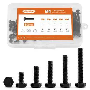 M4 x 8mm 12mm 16mm 20mm 25mm Heavy Duty Hexagon Bolts Hex Head Screws, 8.8 Grade Alloy Steel, Black Oxide Finish, Metric Machine Fully Thread, Assortment Kit 100PCS M4 x 8mm 12mm 16mm 20mm 25mm Heavy Duty Hexagon Bolts Hex Head Screws, 8.8 Grade Alloy Steel, Black Oxide Finish, Metric Machine Fully Thread, Assortment Kit 100PCS