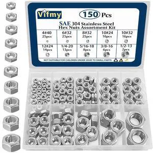 SAE Hex Nut Assortment Kit,150Pcs Stainless Steel#4-1/2 Nut Set | 4#40 6#32 8#32 10#24 10#32 12#24 1/4-20 5/16-18 3/8-16 1/2-13 Hardware nut 304 SS hexagonal nuts set unc SAE Hex Nut Assortment Kit,150Pcs Stainless Steel#4-1/2 Nut Set | 4#40 6#32 8#32 10#24 10#32 12#24 1/4-20 5/16-18 3/8-16 1/2-13 Hardware nut 304 SS hexagonal nuts set unc