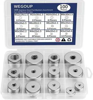 100Pcs Flat Washers for Screws, 304 Stainless Steel M3-M12 Assorted | For Screws and Bolts | Small Large Sizes | Prevent Surface Damage | Hardware and Machine Repair 100Pcs Flat Washers for Screws, 304 Stainless Steel M3-M12 Assorted | For Screws and Bolts | Small Large Sizes | Prevent Surface Damage | Hardware and Machine Repair