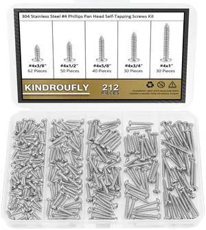 212 Pieces #4 x 3/8" 1/2" 5/8" 3/4" 1" Phillips Pan Head Self-Tapping Screws, Wood Screws Assortment Kit, 304 Stainless Steel 212 Pieces #4 x 3/8" 1/2" 5/8" 3/4" 1" Phillips Pan Head Self-Tapping Screws, Wood Screws Assortment Kit, 304 Stainless Steel