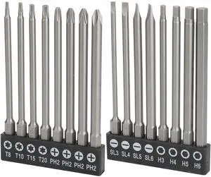 Bates- Long Screwdriver Bits Set, 16 pcs, 1/4 Hex Shank, Slotted, Phillips, Hex and Tamper Proof Torx Bits, S2 Steel Magnetic 3.94 Inch Long Drill Bit Set with Holder Bates- Long Screwdriver Bits Set, 16 pcs, 1/4 Hex Shank, Slotted, Phillips, Hex and Tamper Proof Torx Bits, S2 Steel Magnetic 3.94 Inch Long Drill Bit Set with Holder