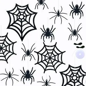 33 PCS Hanging Spider Decorations Spider Ornament Black Felt Spider Web Halloween Decorations for DIY House Decor 33 PCS Hanging Spider Decorations Spider Ornament Black Felt Spider Web Halloween Decorations for DIY House Decor