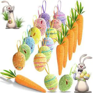 18PCS Easter Egg Ornaments and Carrot Hanging Ornaments Colorful Foam Hanging Egg Ornaments Foam Glitter Artificial Carrots Easter Tree Decorations Home Party DIY Crafts 18PCS Easter Egg Ornaments and Carrot Hanging Ornaments Colorful Foam Hanging Egg Ornaments Foam Glitter Artificial Carrots Easter Tree Decorations Home Party DIY Crafts