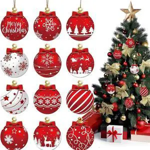 12Pcs Red and White Christmas Ball Design Hanging Wooden Ornaments Set - Festive Winter Holiday Tree Decorations with Merry Christmas Snowflakes, Reindeer, Santa Designs 12Pcs Red and White Christmas Ball Design Hanging Wooden Ornaments Set - Festive Winter Holiday Tree Decorations with Merry Christmas Snowflakes, Reindeer, Santa Designs