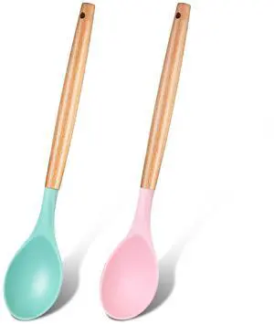 2 Pieces Silicone Nonstick Mixing Spoon Kitchen Cooking Spoons Serving Spoon with Wooden Handle Heat Resistant Utensil Spoons for Mixing, Baking, Serving and Stirring (Green, Pink) 2 Pieces Silicone Nonstick Mixing Spoon Kitchen Cooking Spoons Serving Spoon with Wooden Handle Heat Resistant Utensil Spoons for Mixing, Baking, Serving and Stirring (Green, Pink)