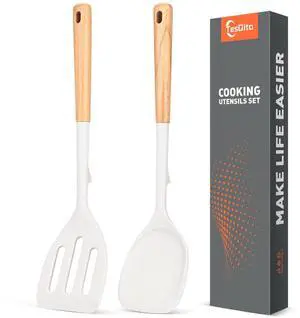 Extra Large Silicone Spatula Turner Set with Wooden Handle (White) | 13.9'' Heat Resistant Solid & Slotted Spatulas for Nonstick Pans, Cooking Utensils for Frying, Flipping and Sautéing, 2 Pack Extra Large Silicone Spatula Turner Set with Wooden Handle (White) | 13.9'' Heat Resistant Solid & Slotted Spatulas for Nonstick Pans, Cooking Utensils for Frying, Flipping and Sautéing, 2 Pack