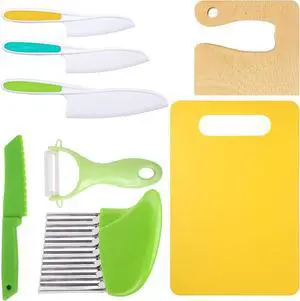 8 Pcs Wooden Kitchen Knife Set for Kids - Includes Safe Knives, Serrated Plastic Knives, Potato Slicers, Sandwich Cutter, Peeler and Cutting Board | Kids Knife Set with Wooden Knife, serrated Plast 8 Pcs Wooden Kitchen Knife Set for Kids - Includes Safe Knives, Serrated Plastic Knives, Potato Slicers, Sandwich Cutter, Peeler and Cutting Board | Kids Knife Set with Wooden Knife, serrated Plast