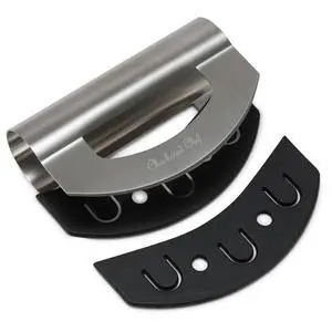 Salad Chopper Tool - Mezzaluna Knife, Stainless Steel Blade | Stainless steel rocker knife; chops herbs, lettuce, salad, nuts, vegetables; blade cover included; dishwasher safe Salad Chopper Tool - Mezzaluna Knife, Stainless Steel Blade | Stainless steel rocker knife; chops herbs, lettuce, salad, nuts, vegetables; blade cover included; dishwasher safe