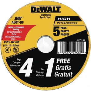 4 1/2 Cut Off Wheel, Angle Grinder Cutting Disc, 5 Pack, Aluminum Oxide Abrasive Chop with 7/8 Arbor for Metal Cutting, Grinding Wheels 4 1/2 in x .045 in (DW8062B5) 4 1/2 Cut Off Wheel, Angle Grinder Cutting Disc, 5 Pack, Aluminum Oxide Abrasive Chop with 7/8 Arbor for Metal Cutting, Grinding Wheels 4 1/2 in x .045 in (DW8062B5)
