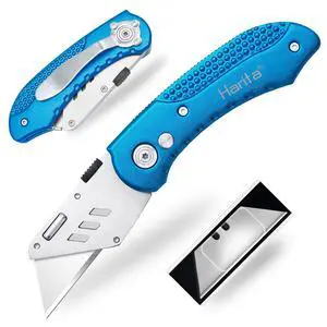 Folding Utility Knife Box Cutter Quick Change Blades, Back-lock Mechanism, Portable Belt Clip, with 5-piece Extra Blades, Blue Folding Utility Knife Box Cutter Quick Change Blades, Back-lock Mechanism, Portable Belt Clip, with 5-piece Extra Blades, Blue