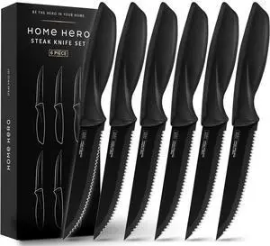 Steak Knife Set - Nonstick Serrated Steak Knives - Stainless-Steel Kitchen Knife Set - Ergonomic TPR Handles for Precision Meat Carver - 6-Pc Set, Black Steak Knife Set - Nonstick Serrated Steak Knives - Stainless-Steel Kitchen Knife Set - Ergonomic TPR Handles for Precision Meat Carver - 6-Pc Set, Black