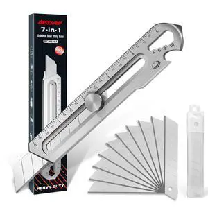18mm Snap Off Utility Knife, Stainless Steel Heavy Duty Box Cutter | 7-in-1 Multi-Function Metal Utility Knife with Ruler, Bottle Opener, 10 Extra Blades for DIY, Garage, Workshop, Daily Cutting 18mm Snap Off Utility Knife, Stainless Steel Heavy Duty Box Cutter | 7-in-1 Multi-Function Metal Utility Knife with Ruler, Bottle Opener, 10 Extra Blades for DIY, Garage, Workshop, Daily Cutting
