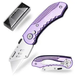 Folding Utility Knife, Heavy Duty Box Cutter Purple, Razor Knife | Quick Change SK5 Blades, Lightweight Aluminum Handle, Back-lock Mechanism, for Cartons, Cardboard, Boxes, Carpet, Leather Folding Utility Knife, Heavy Duty Box Cutter Purple, Razor Knife | Quick Change SK5 Blades, Lightweight Aluminum Handle, Back-lock Mechanism, for Cartons, Cardboard, Boxes, Carpet, Leather