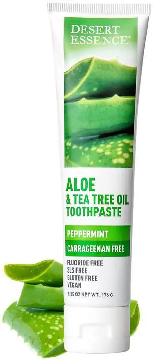 Aloe & Tea Tree Oil Toothpaste, Flouride Free, SLS Free, Carrageenan Free, Vegan, Gluten Free, Peppermint, 6.25 oz. Aloe & Tea Tree Oil Toothpaste, Flouride Free, SLS Free, Carrageenan Free, Vegan, Gluten Free, Peppermint, 6.25 oz.