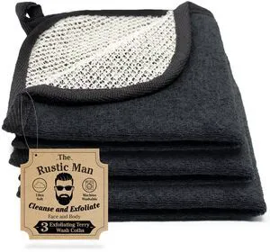Terry Wash Cloths for Face and Body, Dual-Sided Cleansing and Exfoliating Washcloths, Machine Wash, Black, 3 Count Terry Wash Cloths for Face and Body, Dual-Sided Cleansing and Exfoliating Washcloths, Machine Wash, Black, 3 Count