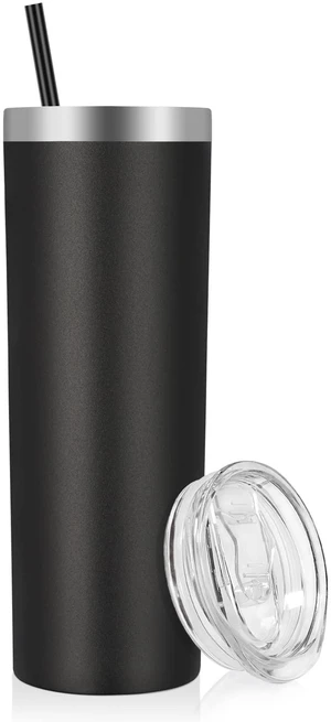 Stainless Steel Skinny Tumbler, 20 oz Vacuum Insulated Tumbler with Lid and Straw, Double Wall Coffee Cup, Travel Mug for Cold Hot Drinks, Black 1 Pack Stainless Steel Skinny Tumbler, 20 oz Vacuum Insulated Tumbler with Lid and Straw, Double Wall Coffee Cup, Travel Mug for Cold Hot Drinks, Black 1 Pack