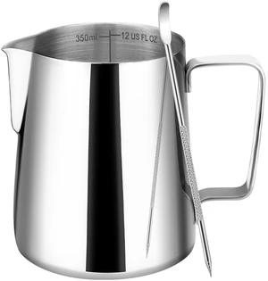 Milk Frothing Pitcher 12oz Frother Cup Barista Tools, Silver | 18/8 Stainless Steel, 12oz Capacity with Clear Scale, with Decorating Pen, Ergonomic Handle, for Cappuccino, Latte & Espresso Milk Frothing Pitcher 12oz Frother Cup Barista Tools, Silver | 18/8 Stainless Steel, 12oz Capacity with Clear Scale, with Decorating Pen, Ergonomic Handle, for Cappuccino, Latte & Espresso