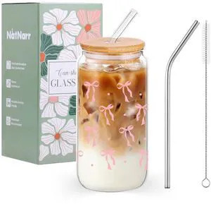Cute Pink Bow Glass Cups with Lids and Straws Preppy Stuff for Teen Girls | 16 oz Coquette Coffee Cups Aesthetic Stuff Cute Cup Tumbler for Teen Girls Women, Girly Birthday Gifts Cute Pink Bow Glass Cups with Lids and Straws Preppy Stuff for Teen Girls | 16 oz Coquette Coffee Cups Aesthetic Stuff Cute Cup Tumbler for Teen Girls Women, Girly Birthday Gifts
