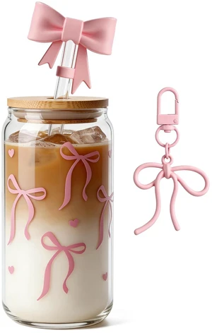 Bow Glass Cup 18 OZ with Designs, Pink Bow Cup for Preppy Stuff | Cute Tumbler with Straw Cover & Keychain for Women Teen Girls Iced Coffee, Matcha and Smoothies Bow Glass Cup 18 OZ with Designs, Pink Bow Cup for Preppy Stuff | Cute Tumbler with Straw Cover & Keychain for Women Teen Girls Iced Coffee, Matcha and Smoothies