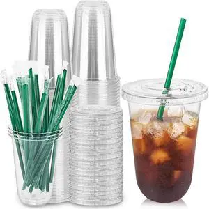 25 Set 16oz Plastic Cups with Flat Lids and Straws,Disposable Plastic Iced Coffee Cup,Disposable Clear Drinking Cups for Cold Beverages,Milkshakes,Smoothies 25 Set 16oz Plastic Cups with Flat Lids and Straws,Disposable Plastic Iced Coffee Cup,Disposable Clear Drinking Cups for Cold Beverages,Milkshakes,Smoothies
