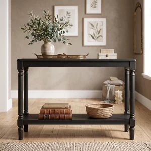 HMD Giuseppe 47-Inch Wooden Console Table with Lower Display Shelf, Turned Legs, Classic Traditional Design, and Easy Assembly, Black HMD Giuseppe 47-Inch Wooden Console Table with Lower Display Shelf, Turned Legs, Classic Traditional Design, and Easy Assembly, Black