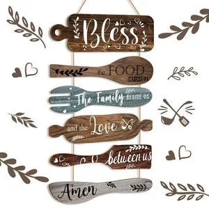 6 Pcs Bless The Food Before Us Sign Kitchen Decor Wall, Multicolor | Farmhouse Kitchen Wall Art, Rustic Wood Vertical Hanging Sign, Roped Collage for Dining Room, Meal Prayer Family Blessing 6 Pcs Bless The Food Before Us Sign Kitchen Decor Wall, Multicolor | Farmhouse Kitchen Wall Art, Rustic Wood Vertical Hanging Sign, Roped Collage for Dining Room, Meal Prayer Family Blessing