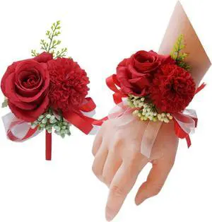 2 Pack Red Flower Wrist Corsage & Boutonniere Set,3inch Mini Silk Flowers 2 Pack Red Flower Wrist Corsage & Boutonniere Set,3inch Mini Silk Flowers