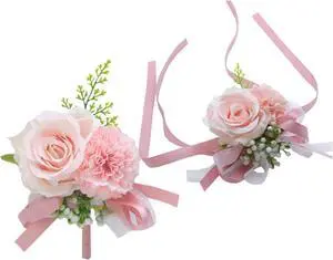 2 Pack Pink Flower Wrist Corsage & Boutonniere Set,3" Mini Silk Flowers 2 Pack Pink Flower Wrist Corsage & Boutonniere Set,3" Mini Silk Flowers