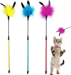 Cat Wand Toy 3 PCS Soft Turkey Feather Teaser Wands with Bell for Indoor Cat Wand Toy 3 PCS Soft Turkey Feather Teaser Wands with Bell for Indoor