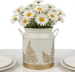 Shabby Chic Classy Designed Gold Milk Can with Leaf Pattern Galvanized Finish Metal Vase Country Jug Rustic Jar Primitive Decorative Flower Holder, 7.3" H Shabby Chic Classy Designed Gold Milk Can with Leaf Pattern Galvanized Finish Metal Vase Country Jug Rustic Jar Primitive Decorative Flower Holder, 7.3" H