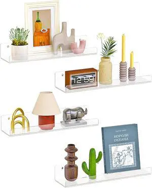 Dooiclear 4 Pack Floating Shelves for Wall, 15" Clear Floating Wall Shelf Dooiclear 4 Pack Floating Shelves for Wall, 15" Clear Floating Wall Shelf