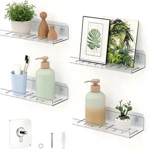 LAZYROSY 4 Pack Floating Shelves Clear Acrylic/PET Wall-Mounted No Drill Storage with Adhesive, Invisible Bathroom & Bedroom Shelving for Kitchen, Living Room, Transparent Decor LAZYROSY 4 Pack Floating Shelves Clear Acrylic/PET Wall-Mounted No Drill Storage with Adhesive, Invisible Bathroom & Bedroom Shelving for Kitchen, Living Room, Transparent Decor