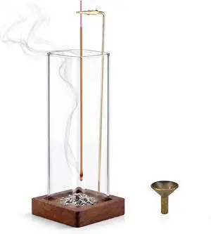 Square Glass Incense Holder, Hanging Incense Burner with Wooden Base Square Glass Incense Holder, Hanging Incense Burner with Wooden Base