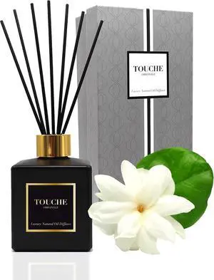 Touche Luxury Natural Reed Diffuser. Long Lasting Scented Home Fragrance. Natural Essential Oil Alcohol-Free. 4.75 OZ. Glass Bottle (Sandalwood & Jasmine - Black Bottle) Touche Luxury Natural Reed Diffuser. Long Lasting Scented Home Fragrance. Natural Essential Oil Alcohol-Free. 4.75 OZ. Glass Bottle (Sandalwood & Jasmine - Black Bottle)