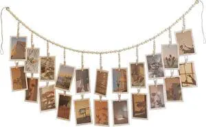 Hanging Photo Display with 22 Clips, Wooden Bead Garland, Boho Style Collage Photo Frame Decoration for Dorms, Classrooms, Bedrooms Hanging Photo Display with 22 Clips, Wooden Bead Garland, Boho Style Collage Photo Frame Decoration for Dorms, Classrooms, Bedrooms