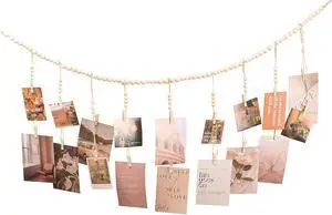Boho Wooden Bead Wall Hanging Photo Display with 18 Wood Clips Boho Wooden Bead Wall Hanging Photo Display with 18 Wood Clips