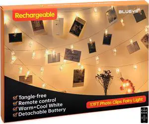 17FT 100LEDs Rechargeable Photo Clips String Light,Remote Control,3 Off Timer,Tangle-Free,Detachable Battery Operated Fairy Lights,Dorm Room Essential for Girl,Christmas(Cool+Warm White,1Pack) 17FT 100LEDs Rechargeable Photo Clips String Light,Remote Control,3 Off Timer,Tangle-Free,Detachable Battery Operated Fairy Lights,Dorm Room Essential for Girl,Christmas(Cool+Warm White,1Pack)