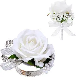 2Pcs White Rose Corsage and Boutonniere Set, Corsage Wristlet Band for Prom Decorations, Artificial Boutonniere for Men Wedding Party Suit Flower Accessories 2Pcs White Rose Corsage and Boutonniere Set, Corsage Wristlet Band for Prom Decorations, Artificial Boutonniere for Men Wedding Party Suit Flower Accessories