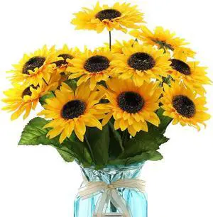 DerBlue 15.74'' Artificial Sunflowers Bouquet with 14 Heads(Two Different Diameter of Flowers) and 40 Leaves Fake Silk Sunflowers Bouquet for Home Office Parties and Wedding Decoration DerBlue 15.74'' Artificial Sunflowers Bouquet with 14 Heads(Two Different Diameter of Flowers) and 40 Leaves Fake Silk Sunflowers Bouquet for Home Office Parties and Wedding Decoration