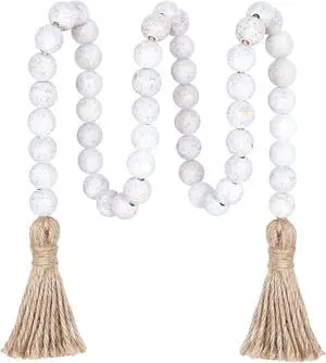 Meplait 39in Wood Bead Garland, Farmhouse Beads with Tassels, Wash White Meplait 39in Wood Bead Garland, Farmhouse Beads with Tassels, Wash White